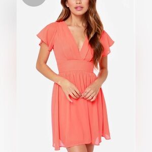 Lulu's Coral Flutter Sleeve Midi Dress
